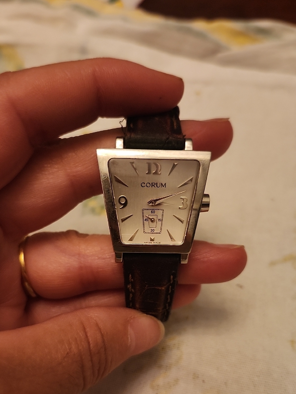 Corum Womens  Silver Trapezoid Dial Watch with Brown Leather Strap